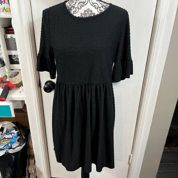 Dee Elly black Swiss dot knee length dress with short bell sleeves - Picture 1 of 8